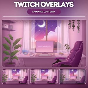 Peut inclure: Superposition animée Twitch avec un bureau rose, un ordinateur, une chaise, des plantes et un aquarium. L'arrière-plan est un ciel nocturne avec une lune croissante et des nuages. Le texte "stream starting soon." est affiché sur l'écran de l'ordinateur.