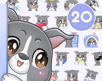 Emotes de Pitbull, 20 piezas de emotes de perros para Twitch y cualquier transmisión y chat [American Staffordshire Terrier/Pitbull COLOR: Gris claro/Blanco]