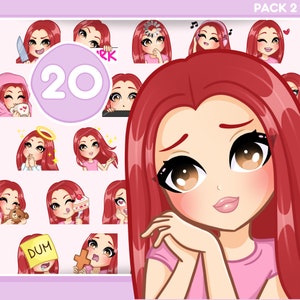Puede incluir: Un conjunto de 20 pegatinas digitales de dibujos animados con una niña de pelo rojo con diferentes expresiones. Las pegatinas incluyen a la niña con un cuchillo, un halo, un osito de peluche, un pastel y una cruz. Las pegatinas son perfectas para agregar un toque de personalidad a tus mensajes.