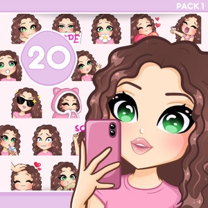 Curly Girl Twitch Emotes, 20 pcs Pack for discord, youtube and any stream and chat [female RACHEL: Brown hair / Green eyes / Pale skin]