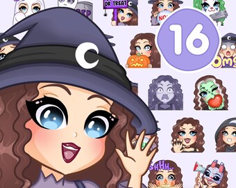 Peut inclure: Un ensemble de 16 émojis sur le thème d'Halloween représentant une sorcière, un fantôme, une citrouille, un vampire, un zombie, et plus encore. Les émojis sont tous dans un style cartoon et ont une variété d'expressions.