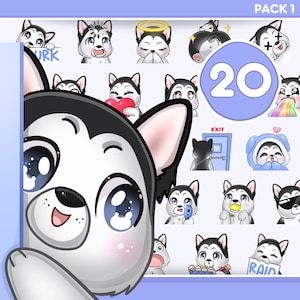 Dog Emote, Husky Emote 20pcs for Twitch, Discord, Kick, Tiktok and Any Streaming and Chat [HUSKY / Wolf Dog]