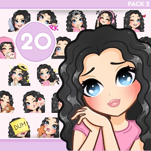 Wavy  Hair Girl Twitch Emotes, Bundle 20pcs for discord, youtube and any stream and chat [female HARPER: Black hair / Blue eyes / Pale skin]