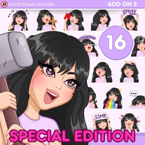 Twitch Emotes, Bangs hair emotes Pack 16pcs for discord, youtube and any stream and chat [female HANNA: Black hair / brown eyes / Pale skin]