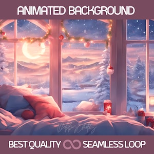 May include: A cozy winter scene with a window view of a snowy landscape. The window is decorated with a string of lights and a garland. A bed with pillows and blankets is in the foreground. The text "BEST QUALITY ∞ SEAMLESS LOOP" is at the bottom of the image.