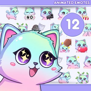 Puede incluir: Un conjunto de 12 emoticonos animados de gatos en colores pastel. Cada gato tiene ojos grandes y diversas expresiones, como sostener una pistola, un corazón y dinero. El texto "ANIMATED EMOTES" está en la parte superior.