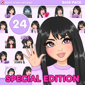 Twitch Emotes, Bangs hair emotes Pack 24pcs for discord, youtube and any stream and chat [female HANNA: Black hair / brown eyes / Pale skin]