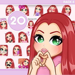 Red Hair Girl Emotes, Bundle Pack 20pcs for discord, twitch, youtube and any stream and chat [female RUBY: Red hair / Green eyes /Pale skin]