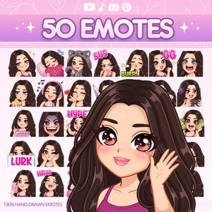May include: A digital art graphic featuring a collection of 50 emotes with a cartoon woman with long brown hair. The emotes display various expressions and actions, with text bubbles like "SUS", "BURP!", "HYPE", "LURK", "HAHA", and "GG". The text "50 EMOTES" and "100% HAND-DRAWN EMOTES" are also visible.