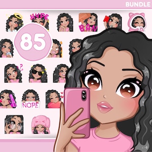 Curly Girl Emotes, Bundle 85pcs for discord, kick, tiktok, twitch and any stream and chat [female DIANA: Black hair /Brown eyes /Milk skin]