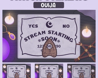 May include: A digital overlay for Twitch streams featuring a Ouija board with the text "STREAM STARTING SOON" and a planchette. The overlay is designed for a 1920x1080 resolution.