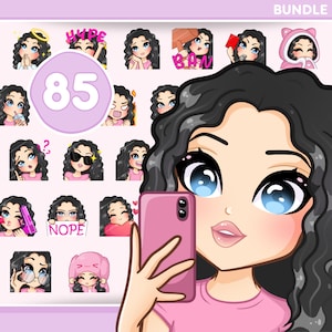 Curly Hair Emotes, Bundle 85pcs for discord, kick, tiktok and any stream and chat [female HARPER: Black hair /Blue eyes /Pale skin]