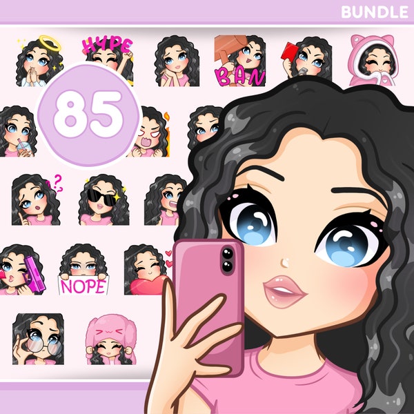 Emotes cheveux bouclés, lot de 85 pièces pour Discord, Kick, Tiktok et n'importe quel stream et chat [femme HARPER : cheveux noirs/yeux bleus/peau pâle]