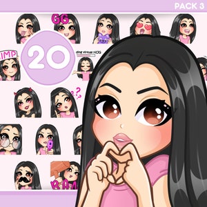 Girl Twitch Emotes, Bundle 20 pcs for discord, kick and any stream and chat [female SASHA: Black hair / Brown eyes / Pale skin]