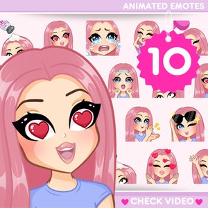 Girl Animated Emotes, 10 pcs Anime Emotes for Twitch, discord, Kick and any stream and chat [female LILY: Pink hair /Blue eyes /Pale skin]