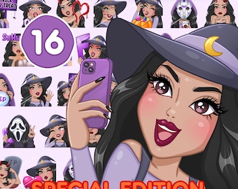 Girl Emotes, Halloween spooky pack 16pcs, twitch, discord and any stream and chat [female TESS: Black hair / Brown eyes / milk skin]