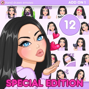 Twitch Girl Emotes, Cute emotes Pack 12pcs for discord, youtube and any stream and chat [female EMMA: Black hair / blue eyes / Pale skin]