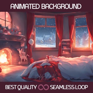 May include: Animated background featuring a cozy bedroom with a fireplace, a bed with red and white bedding, and a window overlooking a snowy village. The fireplace is lit and there are Christmas decorations throughout the room.