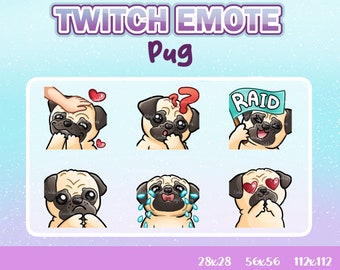 May include: A set of six Twitch emotes featuring a cartoon pug dog in various expressions. The emotes include the pug being petted, looking confused, holding a sign that says "RAID", looking sad, crying, and with hearts for eyes.