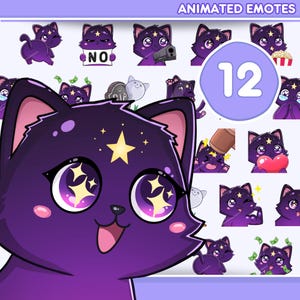 Può includere: Una collezione di 12 emote animate di gatti viola con grandi occhi scintillanti e una stella. Le emote mostrano diverse espressioni e azioni, tra cui un gatto con una pistola, un gatto con un cuore e un gatto con soldi.