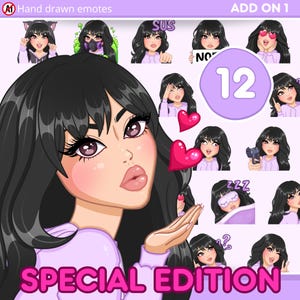 Twitch Emotes, Bangs hair emotes Pack 12pcs for discord, youtube and any stream and chat [female HANNA: Black hair / brown eyes / Pale skin]