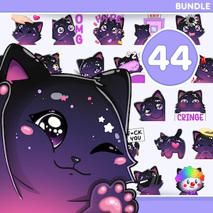 May include: A bundle of 44 cartoon cat stickers with various expressions. The cats are primarily black with purple and pink accents, and some have text bubbles or accessories. The word "BUNDLE" is at the top.