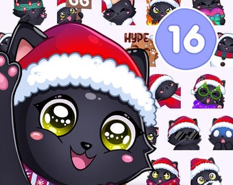 Puede incluir: Un conjunto de 16 pegatinas de gatos negros con temática navideña. Las pegatinas presentan gatos con gorros de Papá Noel, bufandas y otros accesorios festivos. Los gatos tienen ojos grandes y expresivos y están en varias poses.
