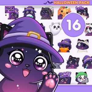 Può includere: Una collezione di 16 adesivi a tema Halloween con gatti. Gli adesivi presentano un gatto nero con un cappello da strega e altri gatti vestiti da fantasmi, zucche e personaggi. Gli adesivi hanno una combinazione di colori viola e rosa, con le parole "Trick or Treat" e "WTF" su alcuni.