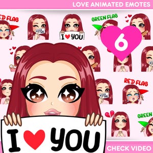 Valentine&#39;s day Emotes, 6 pcs animated emotes for Twitch and any stream and chat [female KRISTEN: Dark red hair / Brown eyes /Pale skin]