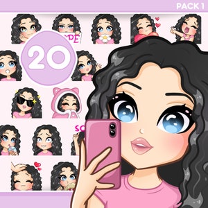 Curly Hair Girl Twitch Emotes, Bundle 20pcs for discord, youtube and any stream and chat [female HARPER: Black hair / Blue eyes / Pale skin]