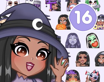Halloween Girl emotes, Witch Bundle for twitch, discord and any stream and chat [female ELENOIRE: Black hair /Brown eyes /Caramel skin]
