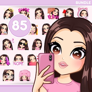 May include: A set of 85 digital cartoon stickers featuring a young woman with long brown hair and different expressions. The stickers are in a variety of poses and include text like "Hype" and "Nope".