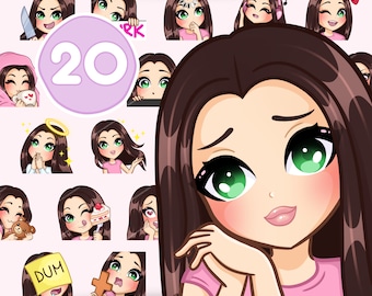 May include: A set of 20 cartoon-style digital stickers featuring a young woman with long brown hair and green eyes. The stickers depict various expressions and actions, including winking, blushing, and holding a heart.