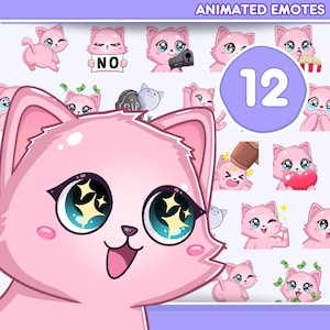Emote animate di Twitch, 12 emoticon di gatti rosa per Twitch, Discord, Tiktok e qualsiasi streaming e chat (statico + animato)