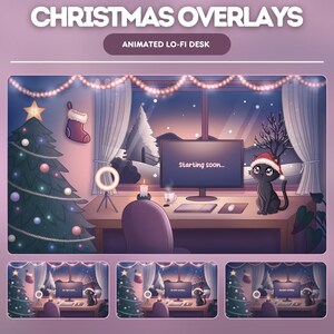 Könnte beinhalten: Ein animiertes Lo-Fi-Desktop-Overlay zum Thema Weihnachten. Die Szene zeigt einen geschmückten Weihnachtsbaum, ein Fenster mit einer verschneiten Landschaft und einen Schreibtisch mit einem Computer, auf dem "Starting soon..." steht. Eine schwarze Katze mit Weihnachtsmütze sitzt auf dem Schreibtisch.
