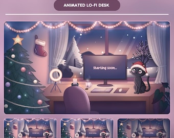 Overlays navideños Lofi Desk, escenas animadas de gatos para transmisiones en vivo durante el invierno - Overlays para Twitch