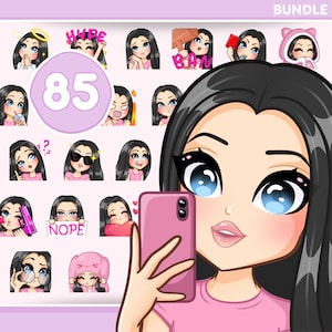 Lot de 85 emotes Twitch Girl pour Discord, Kick, Tiktok et n'importe quel stream et chat [femme HARPER : cheveux noirs/yeux bleus/peau pâle]