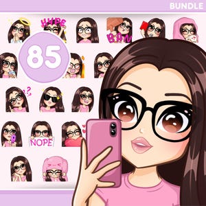 May include: A set of 85 digital stickers featuring a cartoon girl with brown hair and glasses. The stickers include various expressions and poses, such as winking, holding a phone, and wearing a hat. The stickers are perfect for adding a fun and personal touch to your messages.