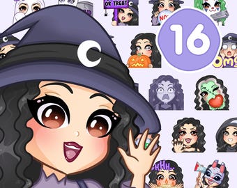 Halloween Emotes, Curly emotes 16 pcs, Bundle for twitch, discord and any stream and chat [female SASHA: Black hair /Brown eyes /Pale skin]