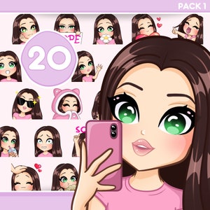Cute Girl Twitch Emotes, 20 pcs Emotes for discord, youtube and any stream and chat [female SANDY: Dark Brown hair / Green eyes / Pale skin]