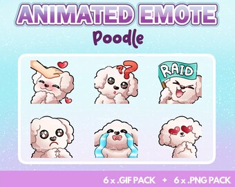 May include: Animated emote pack featuring a white poodle with different expressions. The expressions include: being petted, confused, raiding, sad, crying, and wearing heart-shaped sunglasses. The text "RAID" is visible on a green sign held by the poodle.
