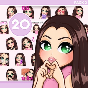 Twitch Emotes, 20 pcs Girl Emotes for discord, youtube and any stream and chat [female SANDY: Dark Brown hair / Green eyes / Pale skin]