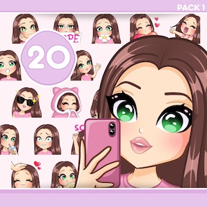 Cute Girl Twitch Emotes, 20pcs Emotes Pack for discord, youtube and any stream and chat [female RACHEL: Brown hair / Green eyes / Pale skin]