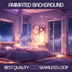 Può includere: Immagine di sfondo animata di una camera da letto con un letto grande, due finestre e opere d'arte. La stanza è illuminata da una luce soffusa e calda. Il testo "ANIMATED BACKGROUND" e "BEST QUALITY SEAMLESS LOOP" è visualizzato.