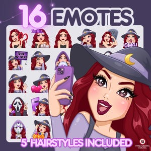 Halloween EmoteS, Witch Girl pack 16pcs, discord, Twitch and any stream and chat [female CAMILLA: Dark red hair / Brown eyes /pale skin]