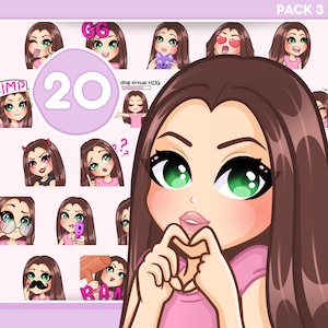 Cute Twitch Girl Emotes, 20pcs Emotes Pack for discord, youtube and any stream and chat [female RACHEL: Brown hair / Green eyes / Pale skin]