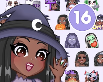 Halloween Girl emotes, Spooky Bundle for twitch, discord and any stream and chat [female PRUE: Black hair / Dark Brown eyes / Mocha skin]