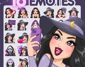 Girl Emotes, Halloween spooky pack 16pcs, twitch, discord and any stream and chat [female HANNA: Black hair / Brown eyes / pale skin]