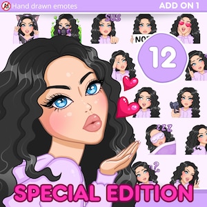 Curly Hair Girl Emotes, Cute emotes Pack 12pcs for discord, youtube and any stream and chat [female EMMA: Black hair / blue eyes /Pale skin]