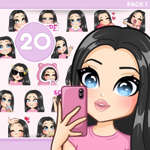Jolie fille Twitch Emotes, lot de 20 pièces pour Discord, YouTube et n'importe quel flux et chat [harper femelle : cheveux noirs / yeux bleus / peau pâle]